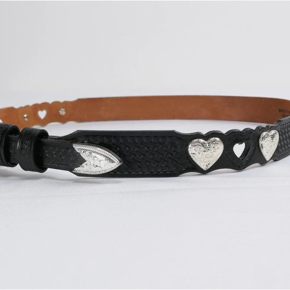 Silver Creek Black Leather Western Heart Concho Belt Silver Tone Buckle 36 VTG